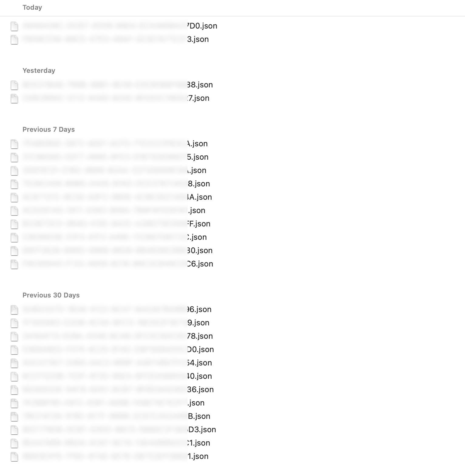 A part of the Mac Finder window with a list of UUID-named JSON files. File names are mostly blurred out.